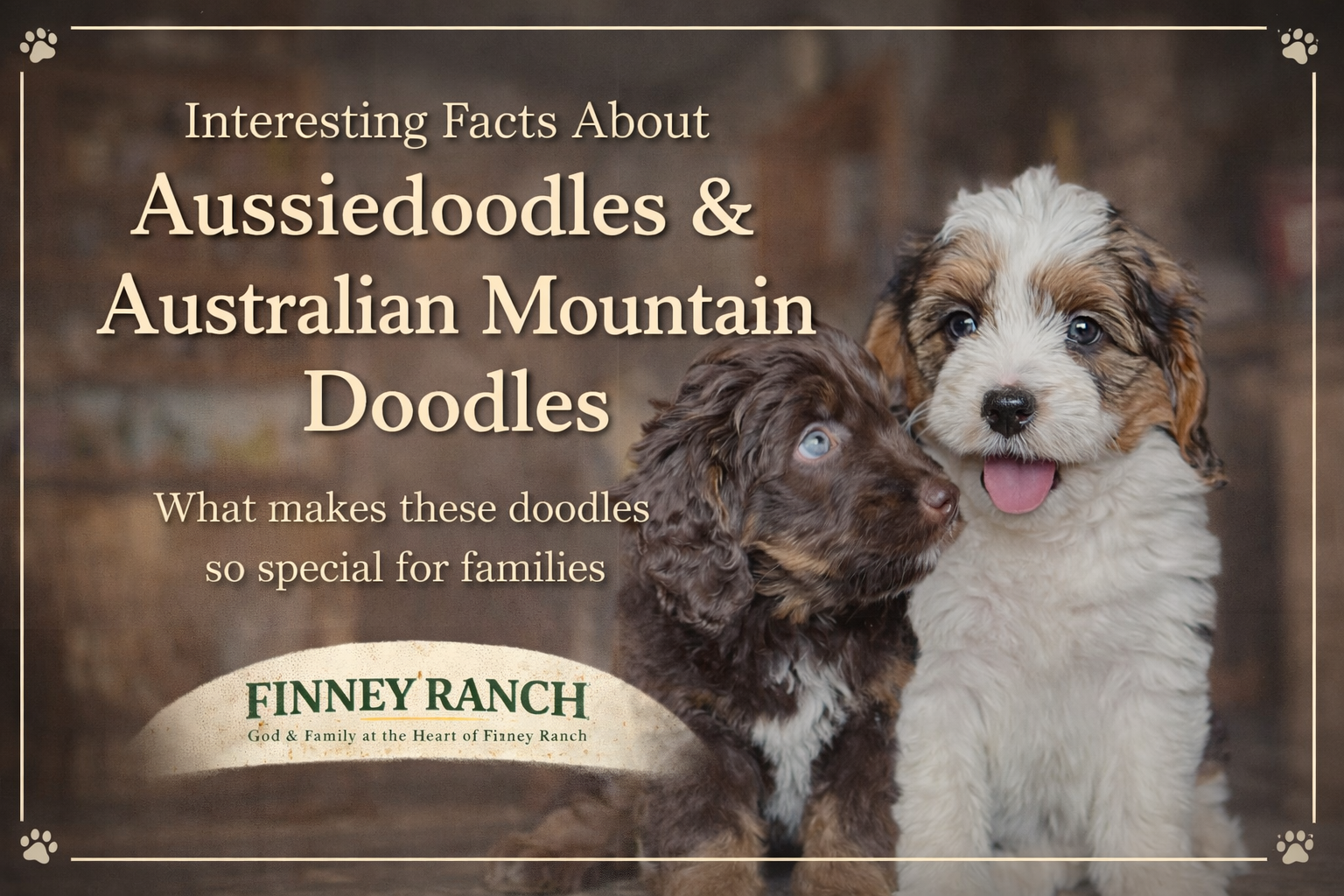 two adorable doodle puppies sitting together, one chocolate and one tri-color, representing aussiedoodles and australian mountain doodles raised in a home environment.